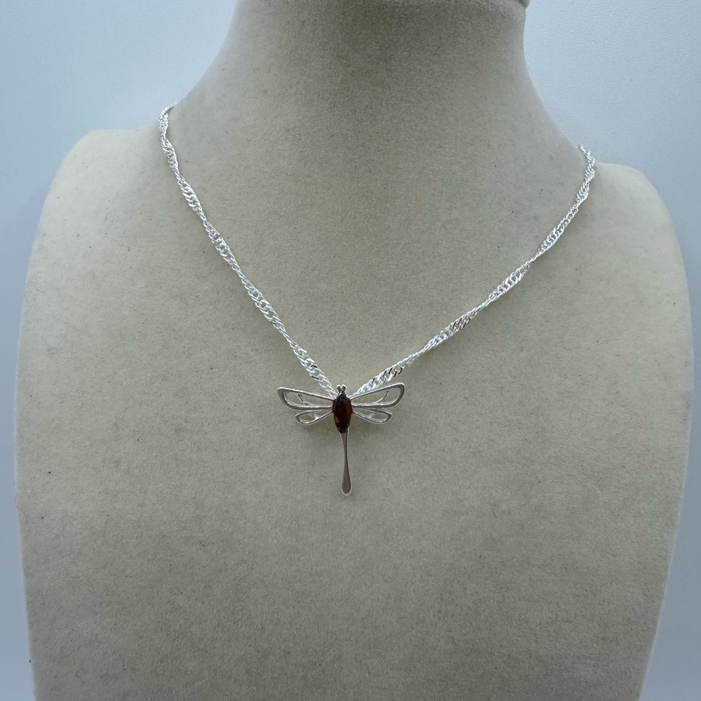 Amber Sterling Silver Butterfly Pendant on Silver Twisted Chain - Picture 5 of 7